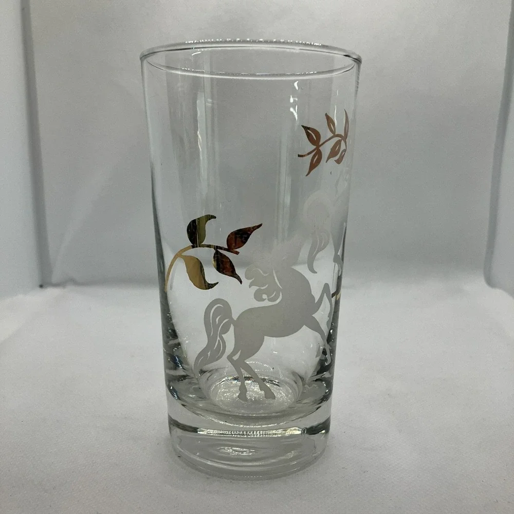 Vintage MCM Libbey Prancing Colts Frosted Highball Glass Set of 8 Barware Gold